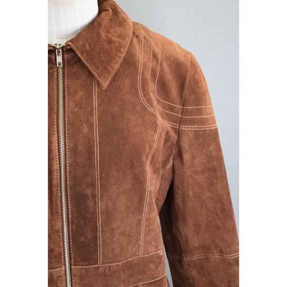 Vtg Wilsons Women Brown Suede Leather Coat Jacket Large 90's Zip Contrast Penny - Picture 2 of 7